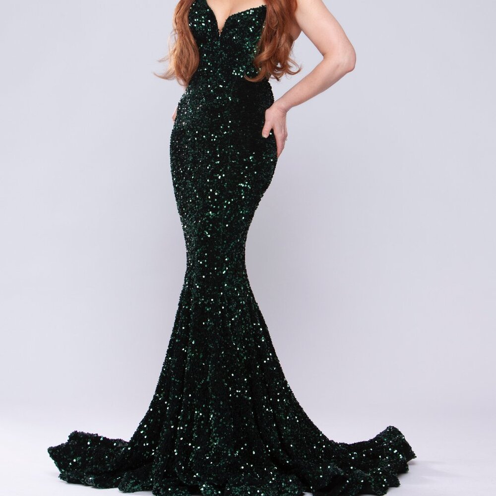 Portia and Scarlett Strapless Emerald Green Sequin Mermaid Gown